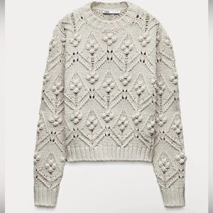 ZARA SAND CHUNKY OPEN CABLE-KNIT SWEATER JUMPER WITH POMPOMS RIB TRIM (Size L)
